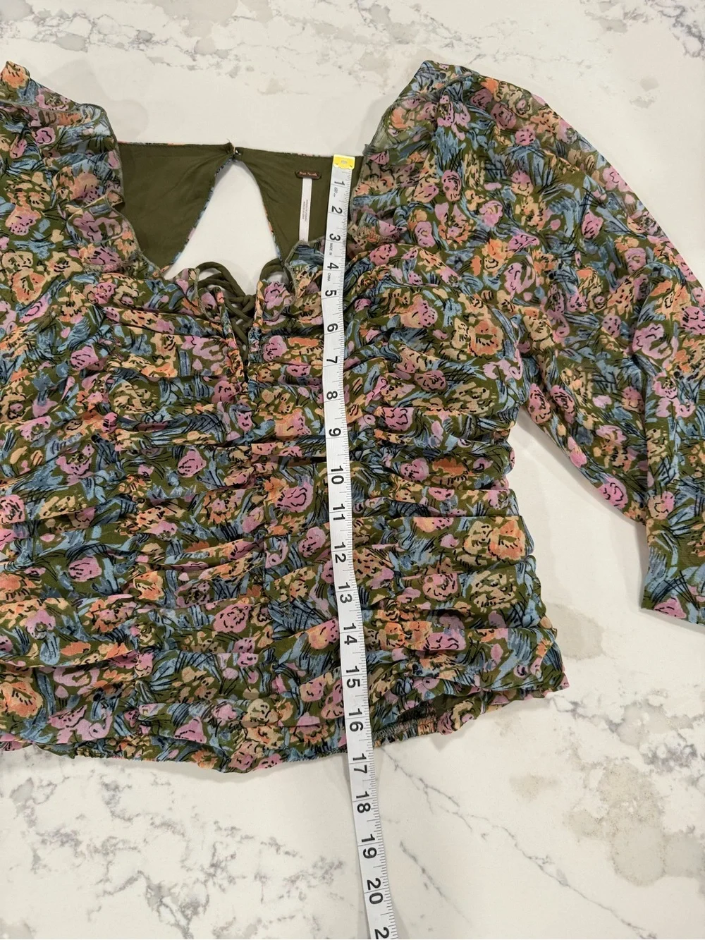 Boho Free People Olive Floral Ruched Crop Top Open Back Balloon Sleeve Size S